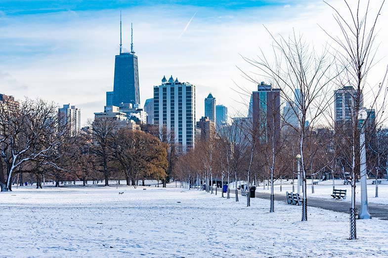 Snow-Covered Park in Chicago With Skyline